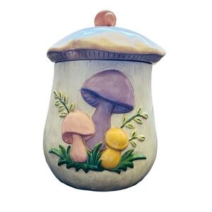 Mushrooms Canister Cookie Jar w. Lid Ceramic Arnels 3D Woodland Foliage VTG 1972
